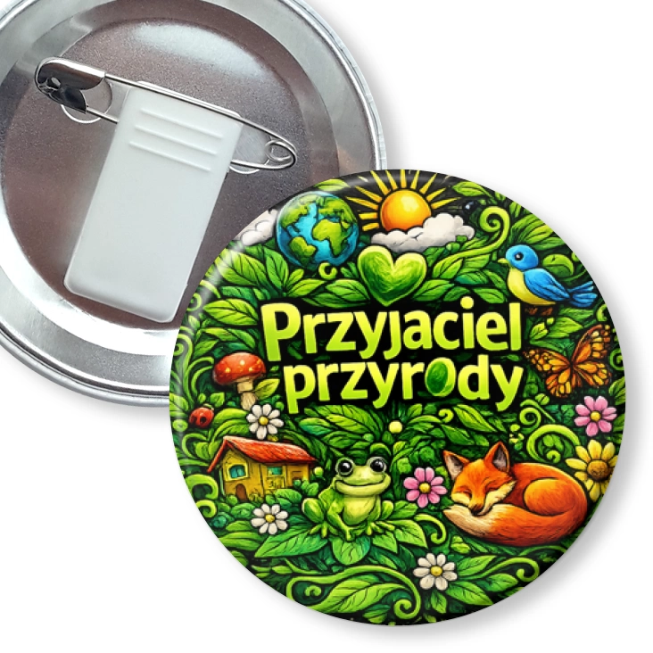 przypinka z żabką i agrafką Przyjaciel przyrody na kolorowym tle