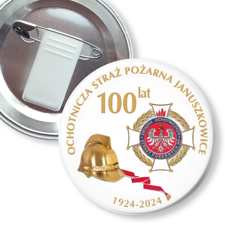 przypinka z żabką i agrafką 100 lat OSP Januszkowice