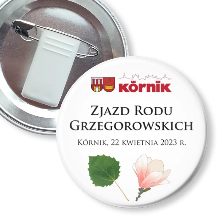 przypinka z żabką i agrafką Zjazd Rodu Grzegorowskich Kórnik 2023