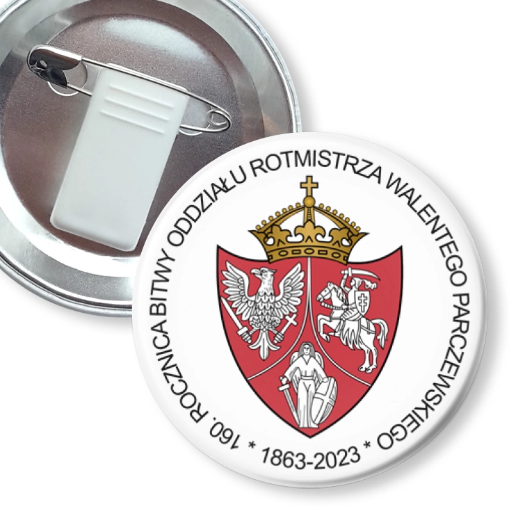 przypinka z żabką i agrafką 160. Rocznica bitwy Oddziału Rotmistrza Walentego Parczewskiego