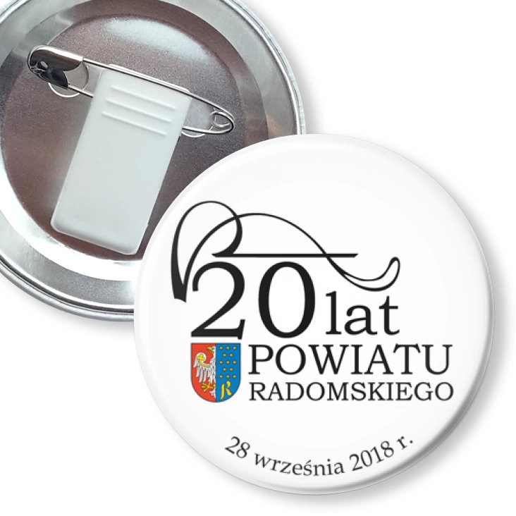 przypinka z żabką i agrafką 20 lat Powiatu Radomskiego