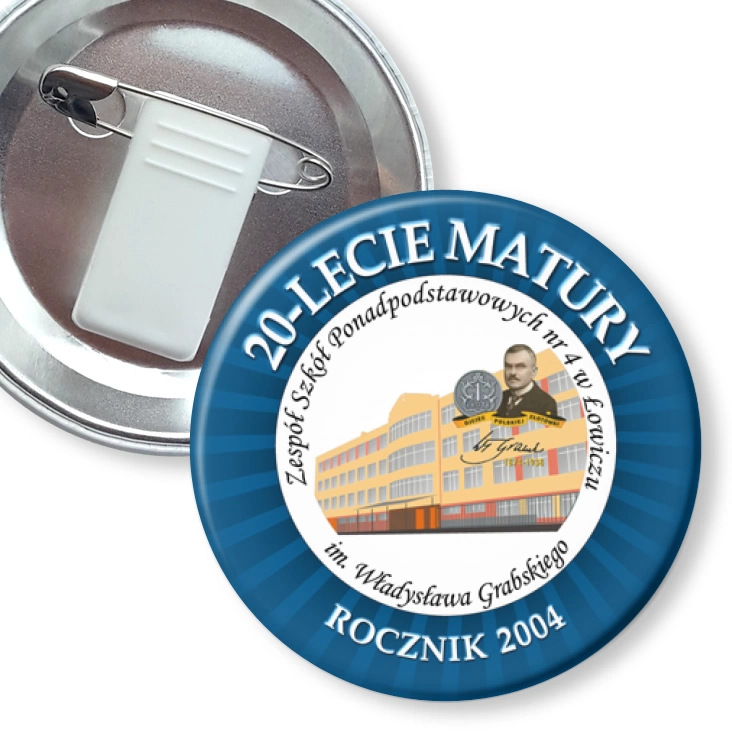 przypinka z żabką i agrafką 20-lecie matury ZSP nr 4 w Łowiczu