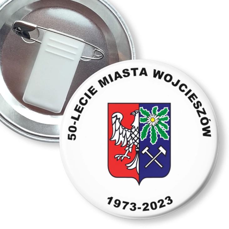 przypinka z żabką i agrafką 50-lecie Miasta Wojcieszów