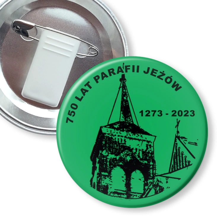 przypinka z żabką i agrafką 750 lat parafii Jeżów