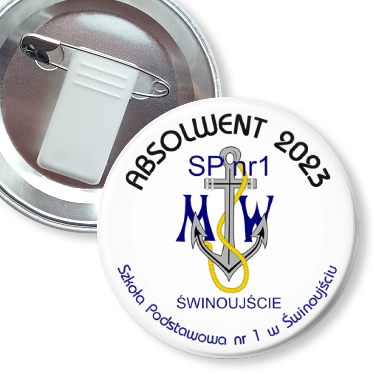 przypinka z żabką i agrafką Absolwent 2023 SP nr 1 w Świnoujściu