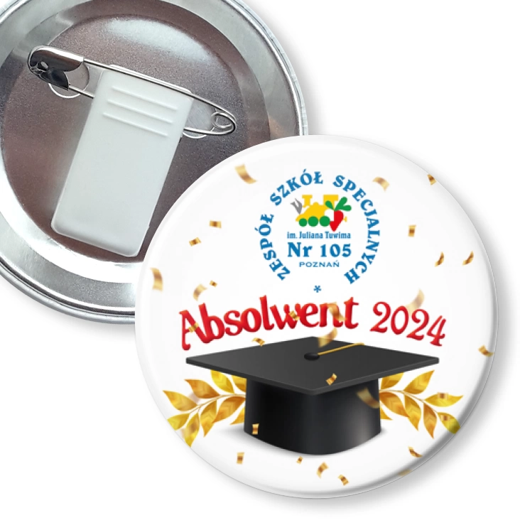 przypinka z żabką i agrafką Absolwent Zespołu Szkół Specjalnych nr 105 w Poznaniu