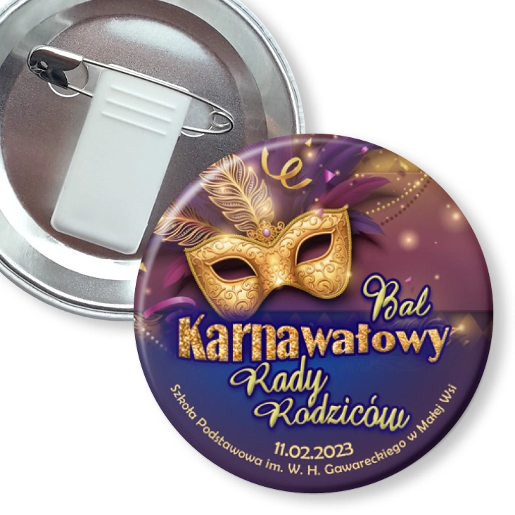 przypinka z żabką i agrafką Bal Karnawałowy SP w Małej Wsi