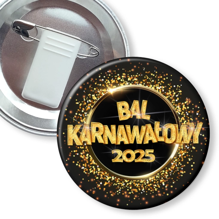 przypinka z żabką i agrafką Bal Karnawałowy złoty napis