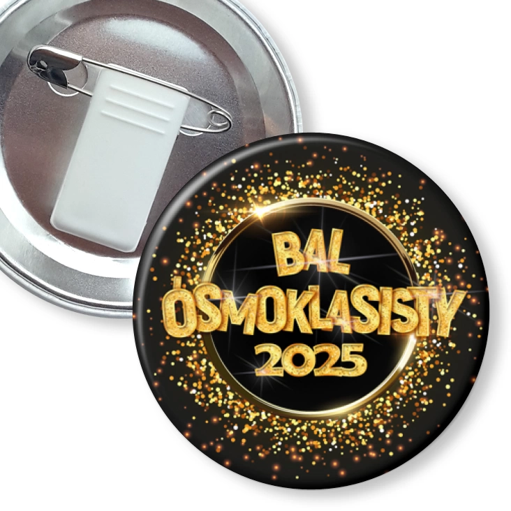 przypinka z żabką i agrafką Bal Ósmoklasisty złoty napis