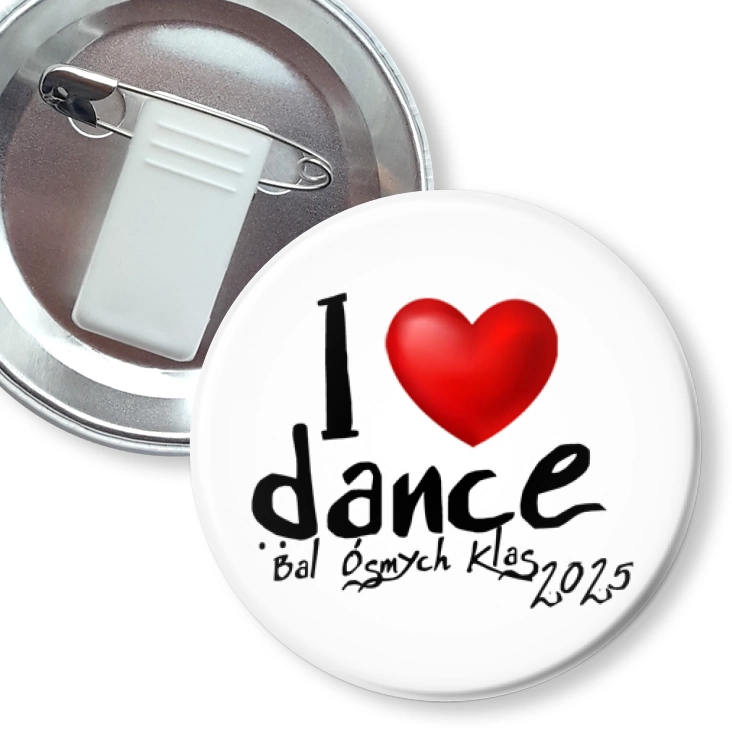 przypinka z żabką i agrafką Bal Ósmych Klas I love dance