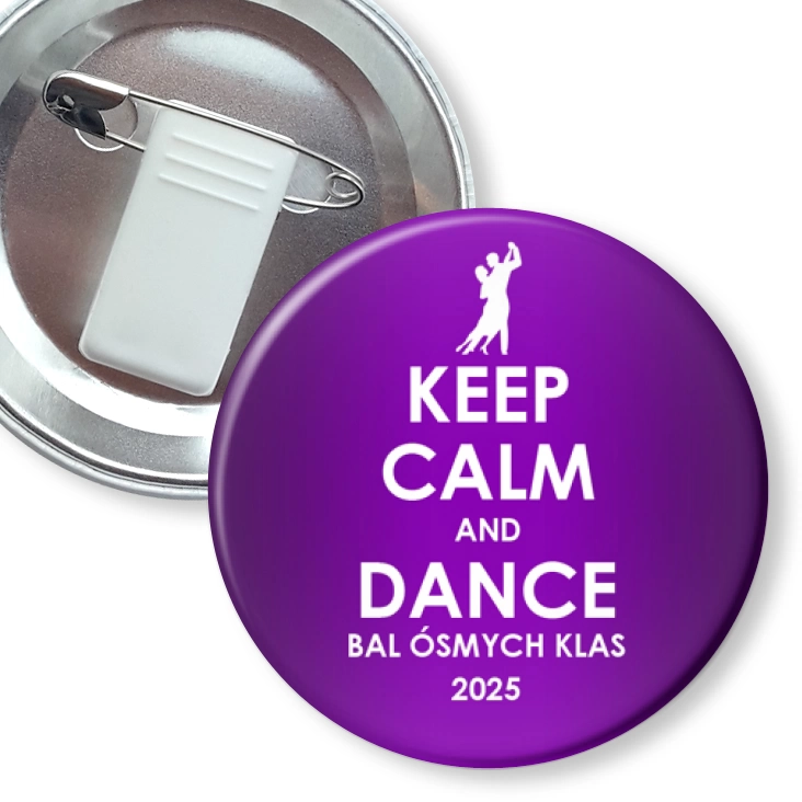 przypinka z żabką i agrafką Bal Ósmych Klas keep calm and dance fioletowa