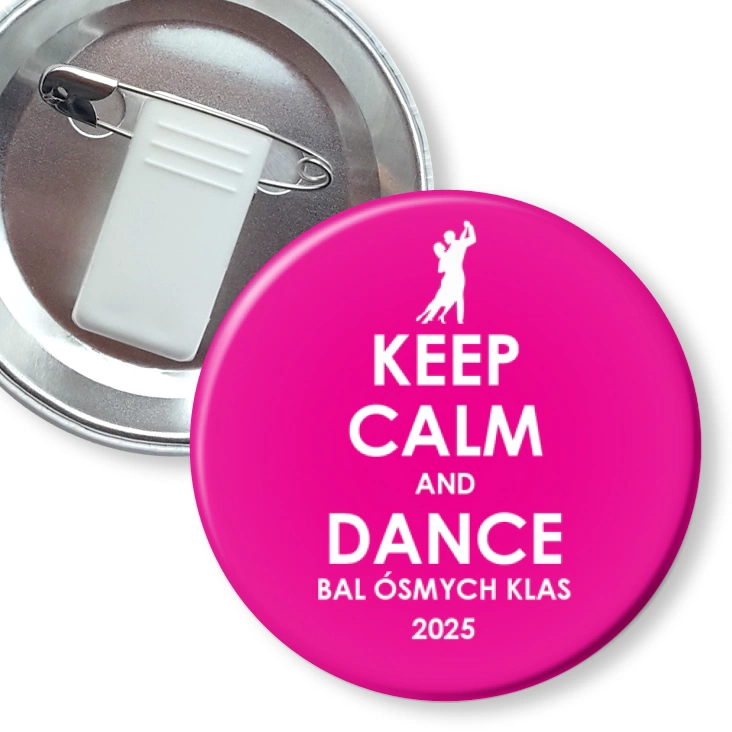 przypinka z żabką i agrafką Bal Ósmych Klas keep calm and dance różowy