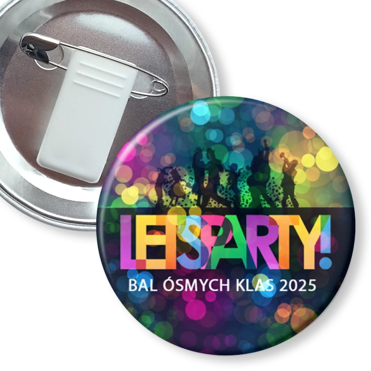 przypinka z żabką i agrafką Bal Ósmych Klas kolorowe litery i światła disco