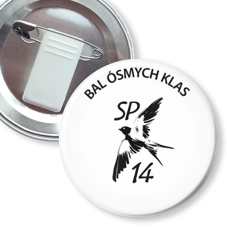 przypinka z żabką i agrafką Bal Ósmych Klas SP 14 Zielona Góra logo