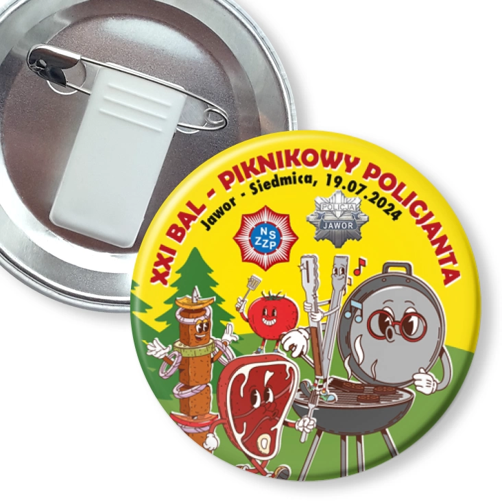 przypinka z żabką i agrafką Bal Piknikowy Policjanta 2024