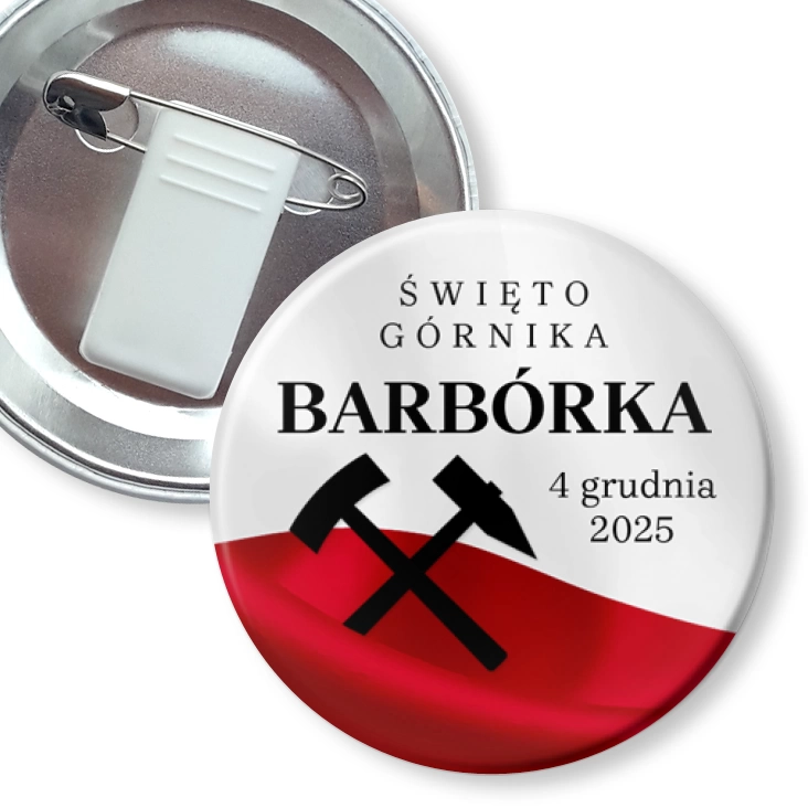 przypinka z żabką i agrafką Barbórka barwy narodowe