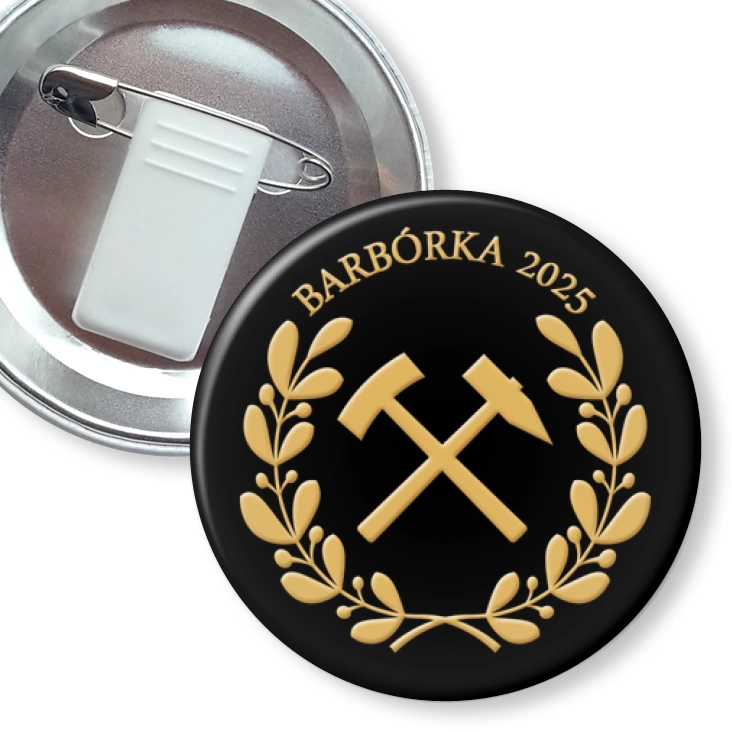 przypinka z żabką i agrafką Barbórka Godło Górnicze