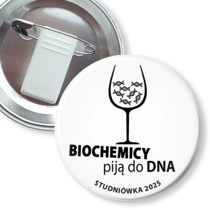 przypinka z żabką i agrafką Studniówka biała biochemicy piją do dna