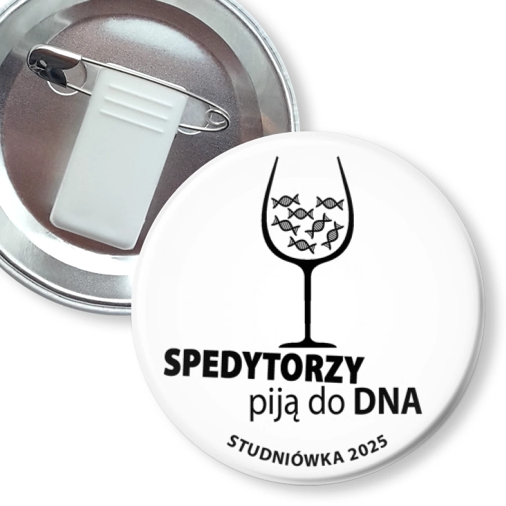 przypinka z żabką i agrafką Studniówka biała spedytorzy piją do dna