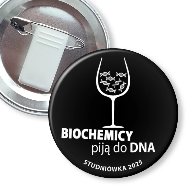 przypinka z żabką i agrafką Studniówka czarna biochemicy piją do dna