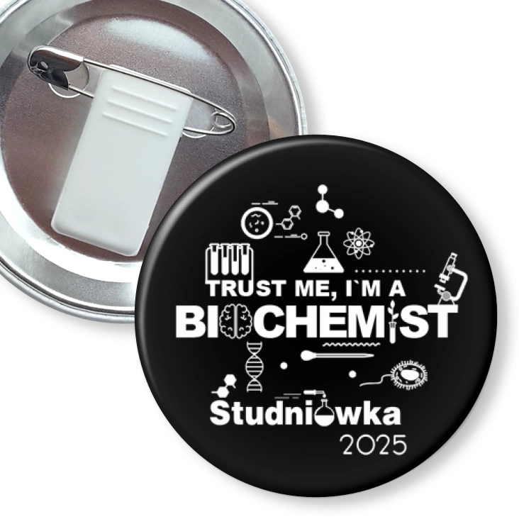 przypinka z żabką i agrafką Studniówka trust me I am biochemist