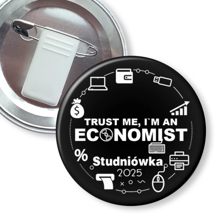 przypinka z żabką i agrafką Studniówka trust me I am Economist