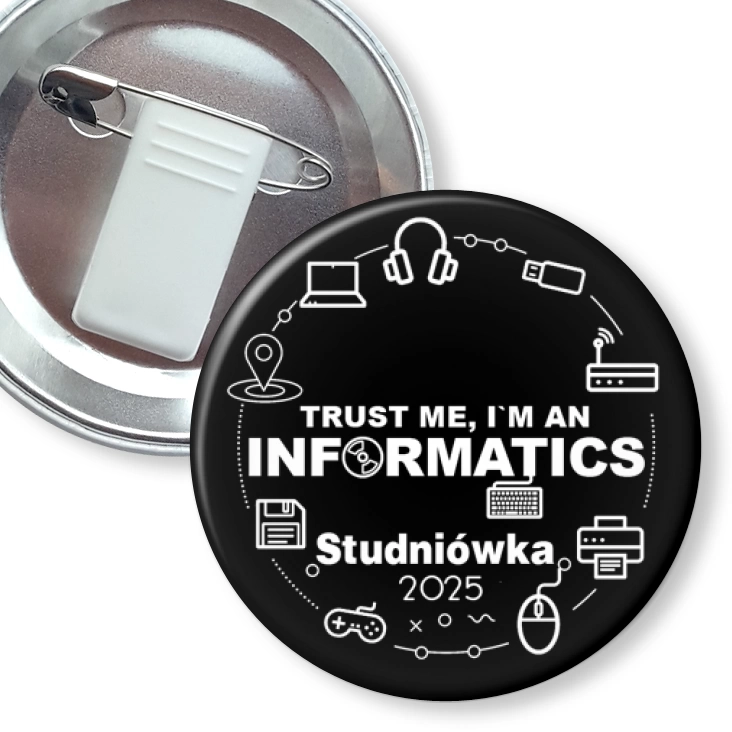 przypinka z żabką i agrafką Studniówka trust me I am informatics