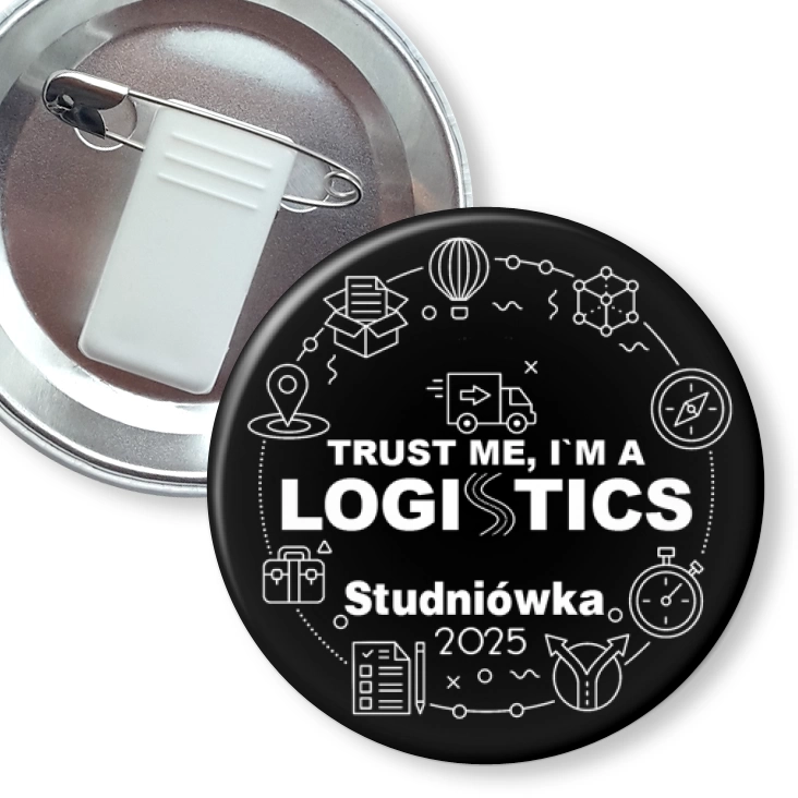 przypinka z żabką i agrafką Studniówka czarna trust me I am Logistic