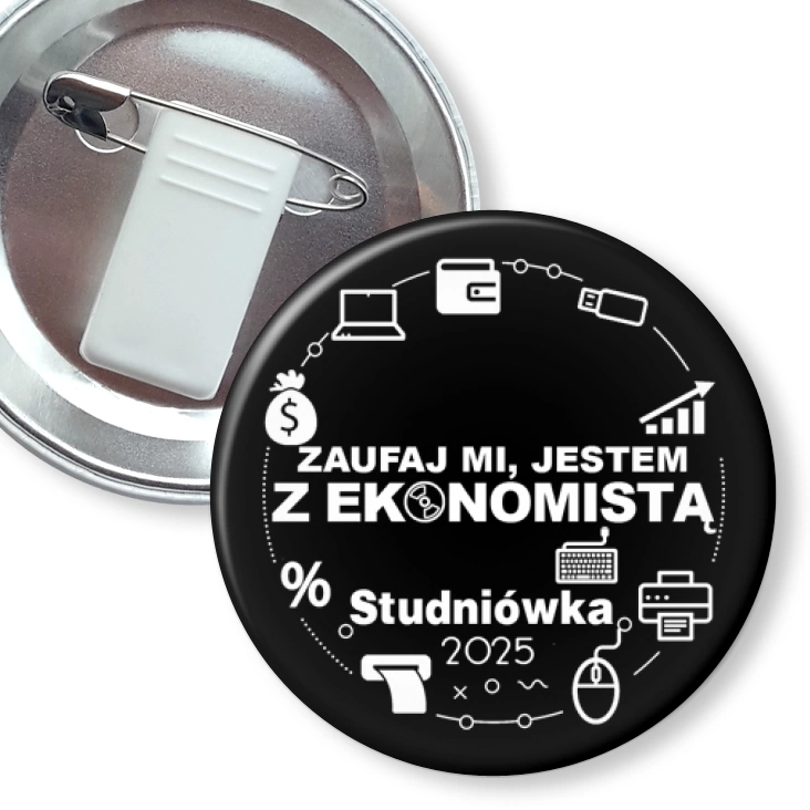 przypinka z żabką i agrafką Studniówka czarna zaufaj mi jestem z Ekonomistą