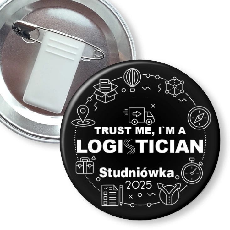 przypinka z żabką i agrafką Studniówka czarna trust me I am Logistician