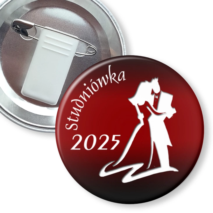 przypinka z żabką i agrafką Studniówka czerwona z elegancką parą