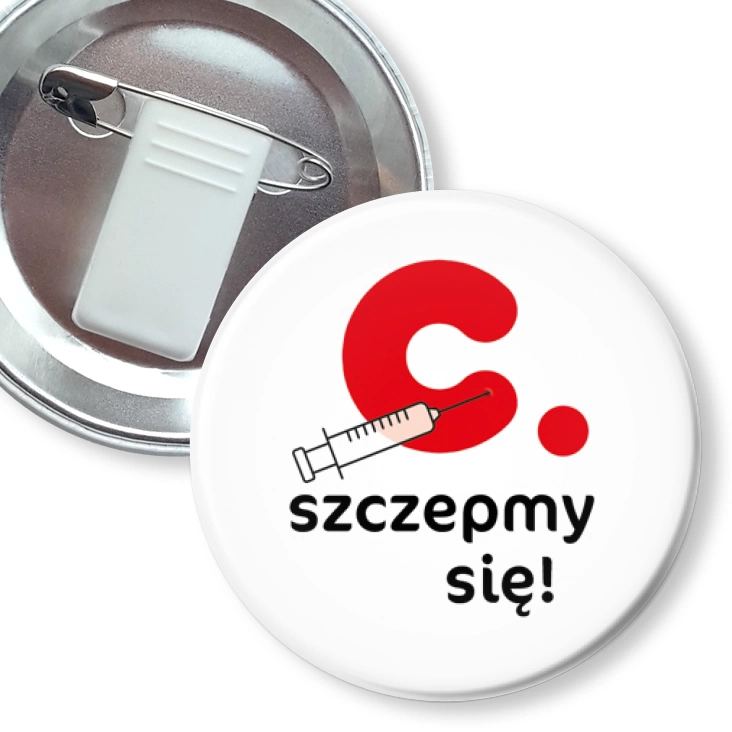 przypinka z żabką i agrafką Czerwonak szczepimy się