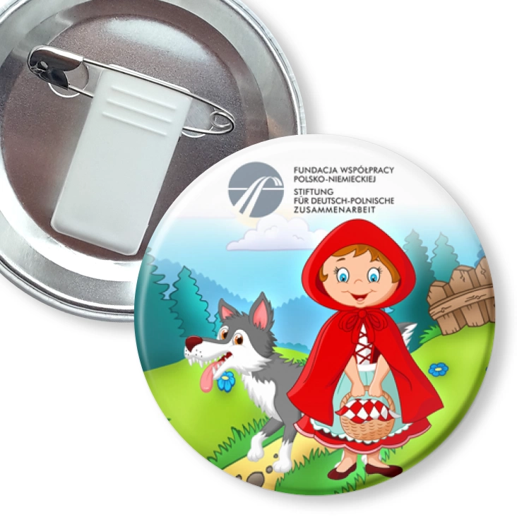 przypinka z żabką i agrafką Czerwony Kapturek Fundacja Współpracy Polsko-Niemieckiej