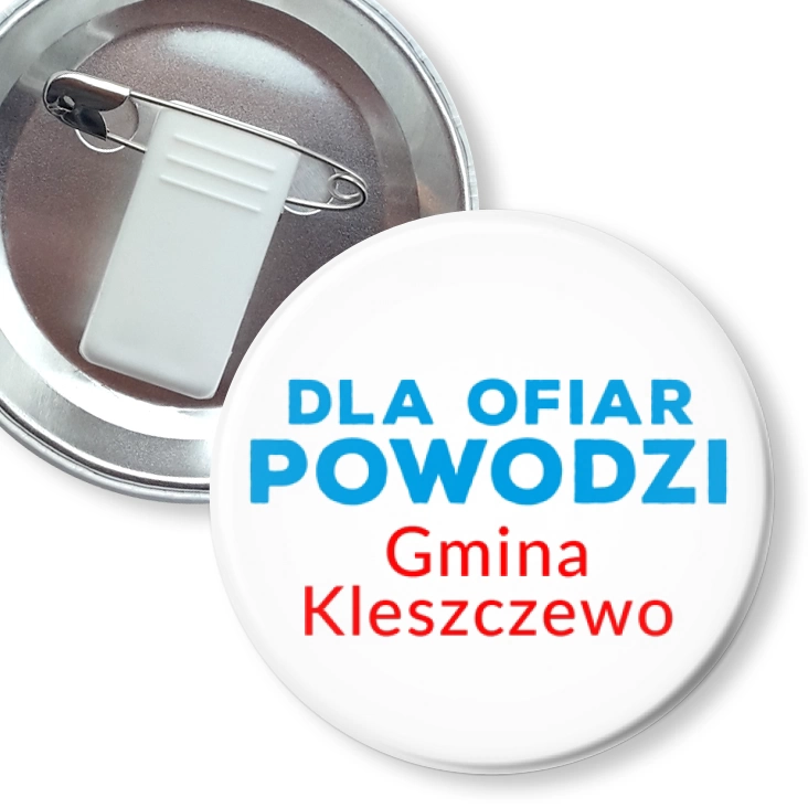przypinka z żabką i agrafką Dla ofiar powodzi gmina Kleszczewo