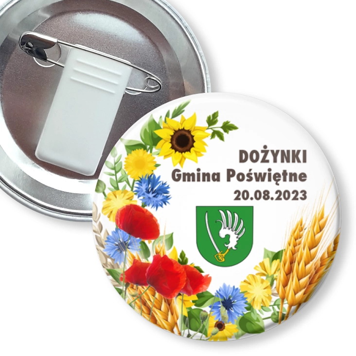 przypinka z żabką i agrafką Dożynki Gmina Poświętne 2023