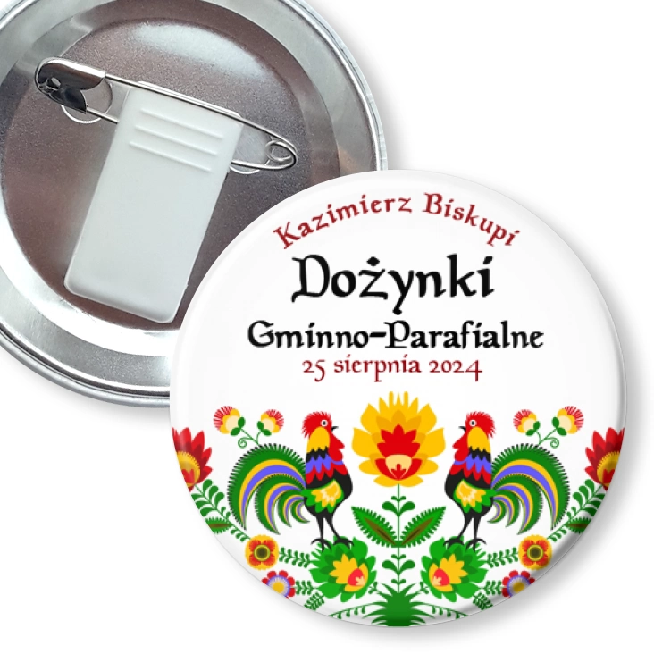 przypinka z żabką i agrafką Dożynki Gminno-Parafialne Kazimierz Biskupi 2024
