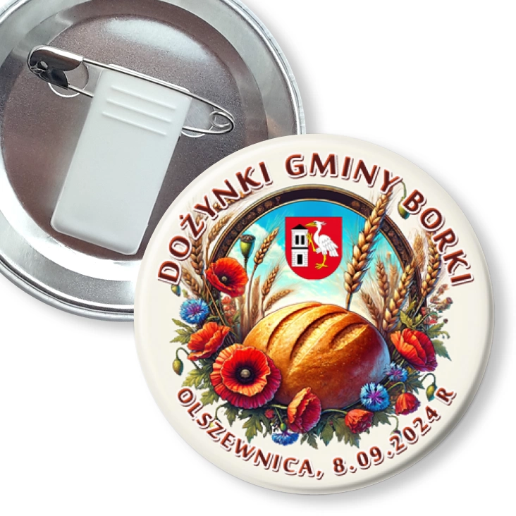 przypinka z żabką i agrafką Dożynki Gminy Borki 2024