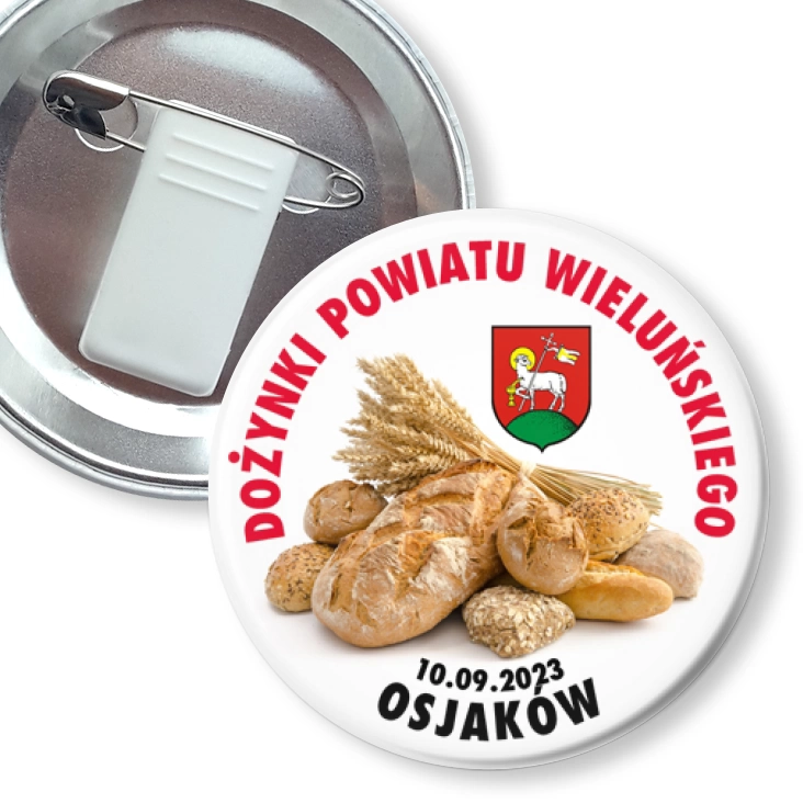 przypinka z żabką i agrafką Dożynki Powiatowe Osjaków 2023