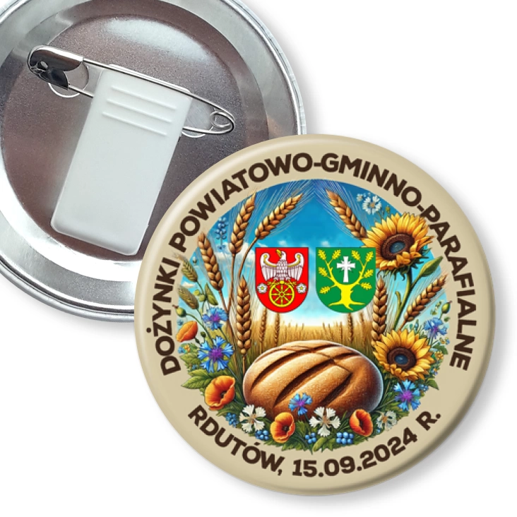 przypinka z żabką i agrafką Dożynki powiatowo-gminno-parafialne Rdutów 2024