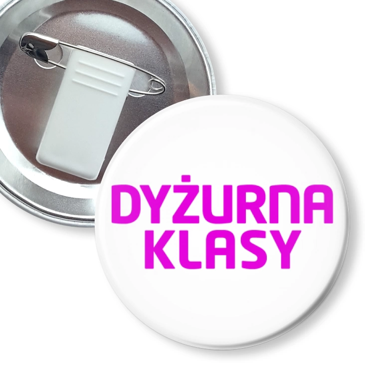 przypinka z żabką i agrafką Dyżurna klasy różowy napis