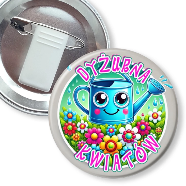 przypinka z żabką i agrafką Dyżurna Kwiatów z konewką