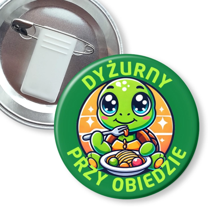 przypinka z żabką i agrafką Dyżurny przy obiedzie