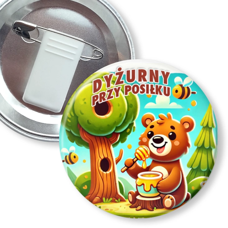 przypinka z żabką i agrafką Dyżurny przy posiłku miś