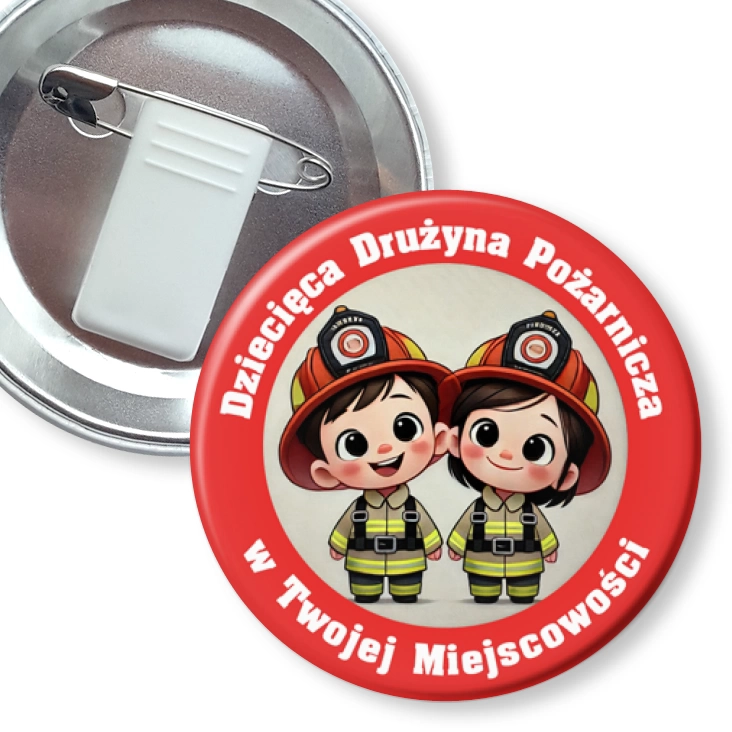 przypinka z żabką i agrafką Dziecięca Drużyna Pożarnicza dziewczynka i chłopiec