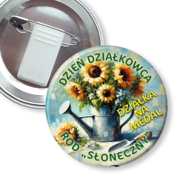 przypinka z żabką i agrafką Dzień Działkowca ROD Słoneczny