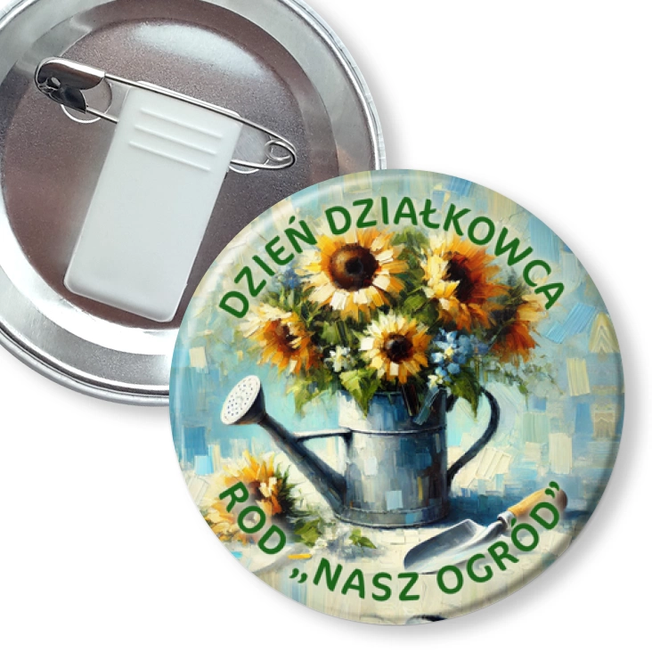 przypinka z żabką i agrafką Dzień działkowca słoneczniki