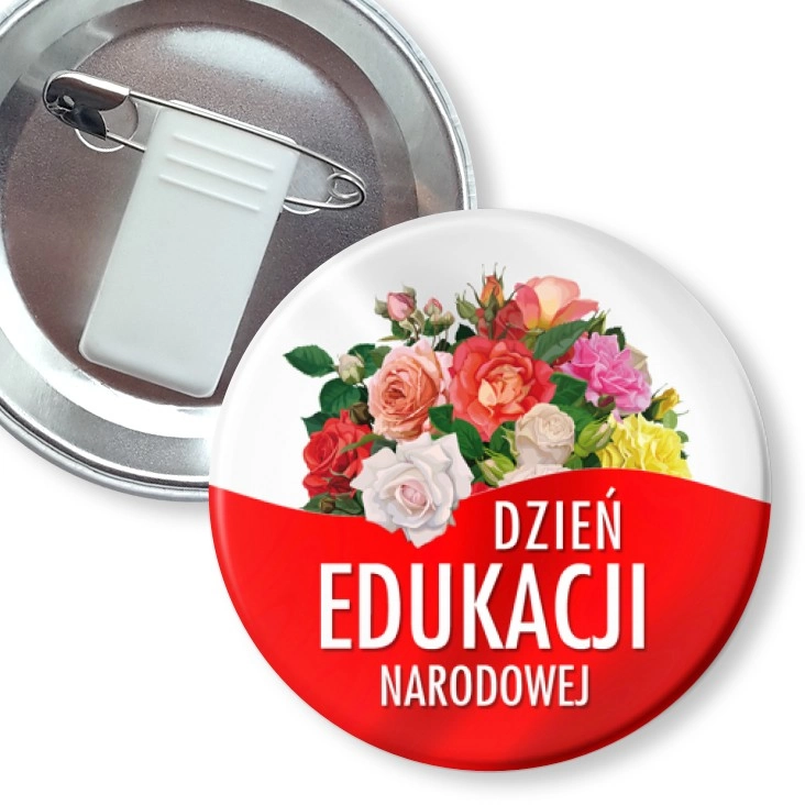 przypinka z żabką i agrafką Dzień Edukacji Narodowej z bukietem róż