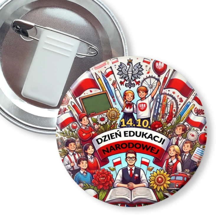przypinka z żabką i agrafką Dzień Edukacji Narodowej w biało-czerwonych barwach