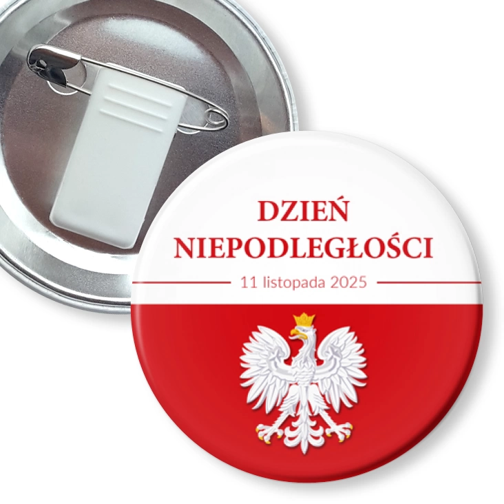 przypinka z żabką i agrafką Dzień Niepodległości Biało-Czerwony z orłem