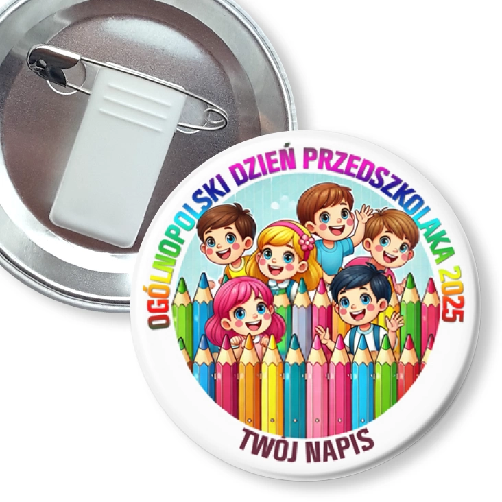 przypinka z żabką i agrafką Dzień Przedszkolaka płotek z kredek